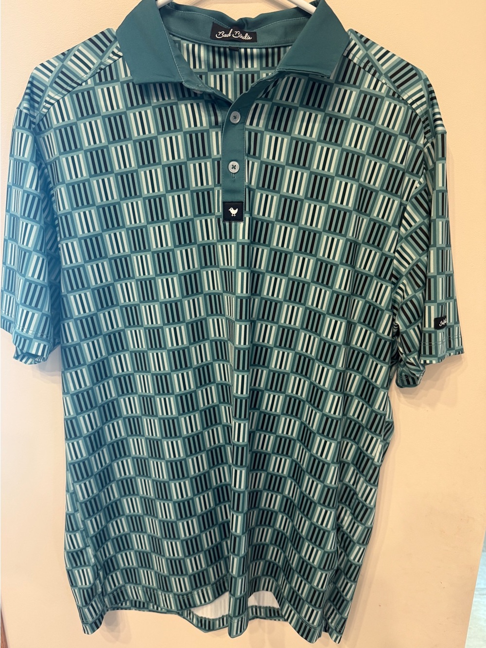 Bad Birdie Men's Teal Geometric Print Polo - Large